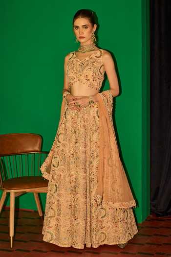 Buy_Evra By Nikita_Peach Georgette Embroidery V-neck Lehenga Set _at_Aza_Fashions