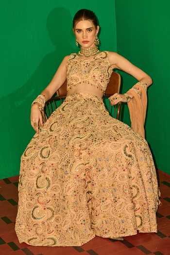 Evra By Nikita_Peach Georgette Embroidery V-neck Lehenga Set _Online_at_Aza_Fashions