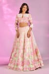 Buy_Label Priyanka Kar_Ivory Satin Embroidery, Crystals, Tassels Flower Bouquet Print Lehenga Set _at_Aza_Fashions