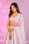 Label Priyanka Kar_Pink Satin Embroidery, Crystals V-neck Flower Print Blush Lehenga Set _Online_at_Aza_Fashions