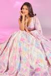 Label Priyanka Kar_Pink Satin Embroidery, Crystals V-neck Flower Print Blush Lehenga Set _at_Aza_Fashions