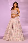 Buy_Label Priyanka Kar_Ivory Satin Embroidery, Crystals Square Neck Floral Butterfly Print Lehenga Set _Online_at_Aza_Fashions