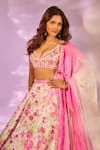Label Priyanka Kar_Pink Satin Crystals, Sequins Sweetheart Neck Floral Botanic Print Lehenga Set _Online_at_Aza_Fashions