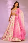 Shop_Label Priyanka Kar_Pink Satin Crystals, Sequins Sweetheart Neck Floral Botanic Print Lehenga Set _Online_at_Aza_Fashions