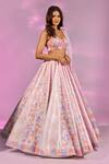 Label Priyanka Kar_Pink Satin Embroidery, Crystals Floral Butterfly Print Panelled Lehenga Set _Online_at_Aza_Fashions