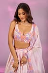 Buy_Label Priyanka Kar_Pink Satin Embroidery, Crystals Floral Butterfly Print Panelled Lehenga Set _Online_at_Aza_Fashions
