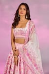 Label Priyanka Kar_Pink Satin Embroidery, Crystals Square Neck Flower Print Lehenga Set _Online_at_Aza_Fashions