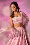 Buy_Label Priyanka Kar_Pink Satin Embroidery, Crystals Square Neck Flower Print Lehenga Set _Online_at_Aza_Fashions