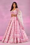 Shop_Label Priyanka Kar_Pink Satin Embroidery, Crystals Square Neck Flower Print Lehenga Set _Online_at_Aza_Fashions