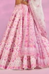 Label Priyanka Kar_Pink Satin Embroidery, Crystals Square Neck Flower Print Lehenga Set _at_Aza_Fashions