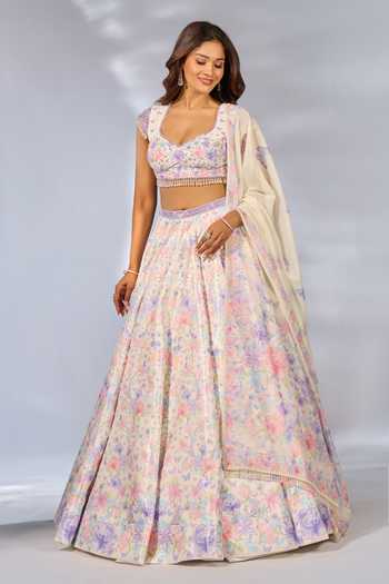 Label Priyanka Kar_Pink Satin Embroidery, Crystals, Tassels V-neck Flower Print Lehenga Blouse Set _Online_at_Aza_Fashions
