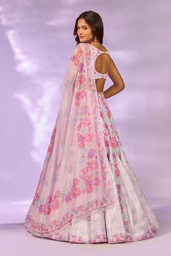 Shop_Label Priyanka Kar_Pink Satin Embroidery, Crystals, Tassels V-neck Flower Print Lehenga Blouse Set _at_Aza_Fashions