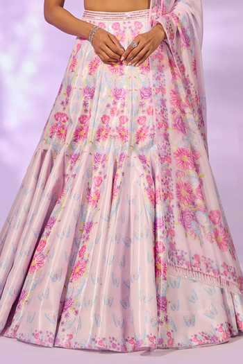 Buy_Label Priyanka Kar_Pink Satin Embroidery, Crystals, Tassels V-neck Flower Print Lehenga Blouse Set _Online_at_Aza_Fashions