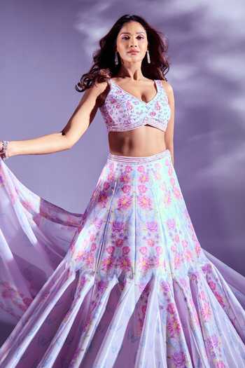 Shop_Label Priyanka Kar_Pink Satin Embroidery, Crystals, Tassels V-neck Flower Print Lehenga Blouse Set _Online_at_Aza_Fashions