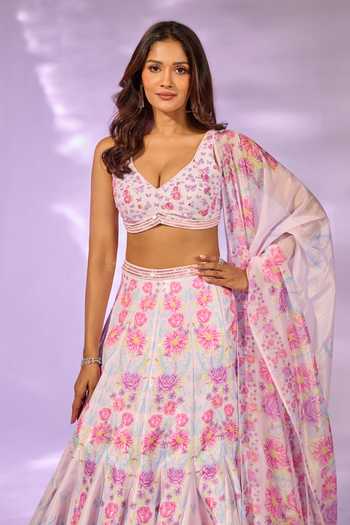 Label Priyanka Kar_Pink Satin Embroidery, Crystals, Tassels V-neck Flower Print Lehenga Blouse Set _at_Aza_Fashions