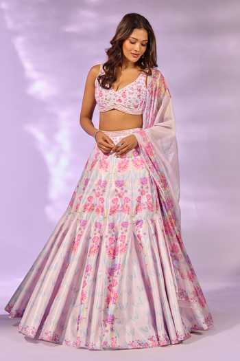Buy_Label Priyanka Kar_Pink Satin Embroidery, Crystals, Tassels V-neck Flower Print Lehenga Blouse Set 