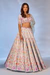 Label Priyanka Kar_Sky Blue Satin Crystals, Beads Sweetheart Neck Flower Print Lehenga Set _Online_at_Aza_Fashions