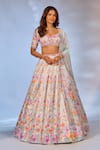 Buy_Label Priyanka Kar_Sky Blue Satin Crystals, Beads Sweetheart Neck Flower Print Lehenga Set _Online_at_Aza_Fashions