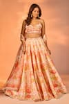 Label Priyanka Kar_Orange Satin Embroidery, Crystals Sweetheart Neck Flower Print Lehenga Set _Online_at_Aza_Fashions