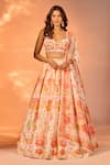 Buy_Label Priyanka Kar_Orange Satin Embroidery, Crystals Sweetheart Neck Flower Print Lehenga Set _at_Aza_Fashions