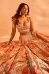 Buy_Label Priyanka Kar_Orange Satin Embroidery, Crystals Sweetheart Neck Flower Print Lehenga Set _Online_at_Aza_Fashions