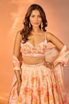 Shop_Label Priyanka Kar_Orange Satin Embroidery, Crystals Sweetheart Neck Flower Print Lehenga Set _Online_at_Aza_Fashions