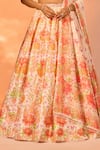 Label Priyanka Kar_Orange Satin Embroidery, Crystals Sweetheart Neck Flower Print Lehenga Set _at_Aza_Fashions