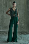 Buy_Istya_Emerald Green Organza Embroidery, Crystals V-neck Short Jacket Set _at_Aza_Fashions
