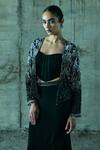 Istya_Black Organza, Lycra Cut Work, Sequins Open Neck, Embellished Cutwork Jacket Set _Online_at_Aza_Fashions