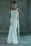 Buy_Istya_Ivory Georgette Pearls Sweetheart Neck Embroidered Bustier With Pre-draped Saree _at_Aza_Fashions