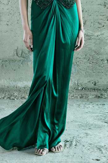 Istya_Emerald Green Organza, Satin Crystals V-neck Embroidered Jacket Skirt Set _Online_at_Aza_Fashions