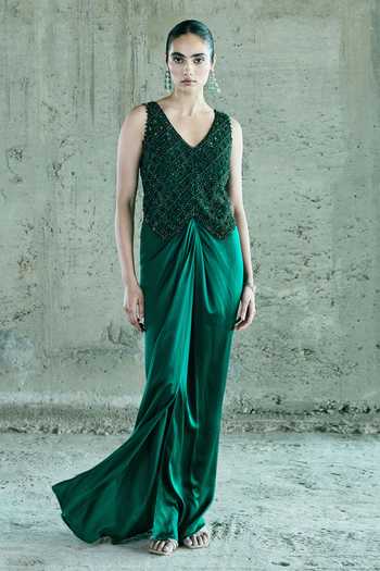 Buy_Istya_Emerald Green Organza, Satin Crystals V-neck Embroidered Jacket Skirt Set _at_Aza_Fashions