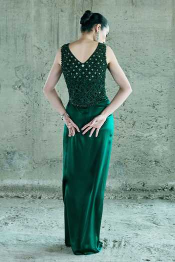 Shop_Istya_Emerald Green Organza, Satin Crystals V-neck Embroidered Jacket Skirt Set _at_Aza_Fashions