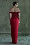 Shop_Istya_Red Organza, Satin Crystals Off-shoulder Embellished Top And Skirt Set _at_Aza_Fashions