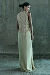 Shop_Istya_Beige Organza, Satin Cut Work, Crystals Round Neck Embellished Top And Skirt Set _at_Aza_Fashions