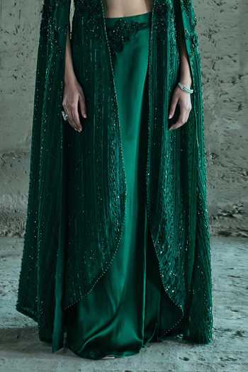 Istya_Emerald Green Organza, Satin Embroidery, Sequins, Embellished Jacket Skirt Set _Online_at_Aza_Fashions