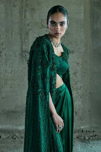 Buy_Istya_Emerald Green Organza, Satin Embroidery, Sequins, Embellished Jacket Skirt Set _Online_at_Aza_Fashions