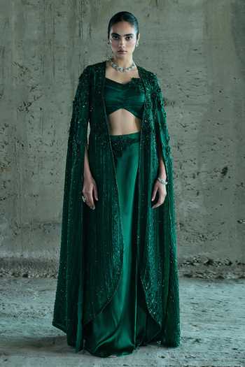 Shop_Istya_Emerald Green Organza, Satin Embroidery, Sequins, Embellished Jacket Skirt Set _Online_at_Aza_Fashions