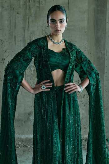 Istya_Emerald Green Organza, Satin Embroidery, Sequins, Embellished Jacket Skirt Set _at_Aza_Fashions