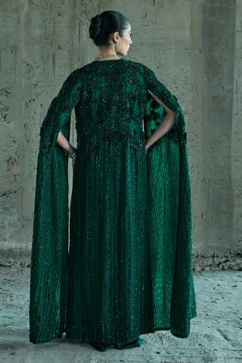 Shop_Istya_Emerald Green Organza, Satin Embroidery, Sequins, Embellished Jacket Skirt Set _at_Aza_Fashions