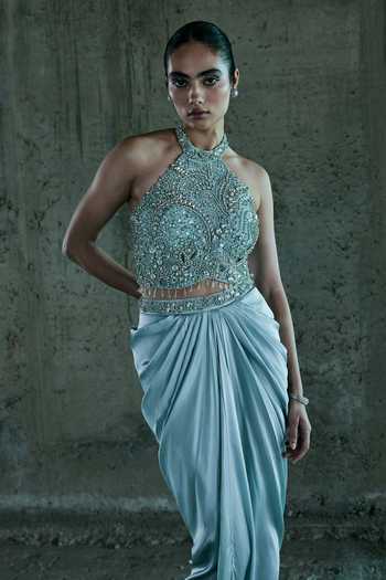 Istya_Blue Organza, Satin Stones Halter Neck Embroidered Top And Skirt Set _Online_at_Aza_Fashions