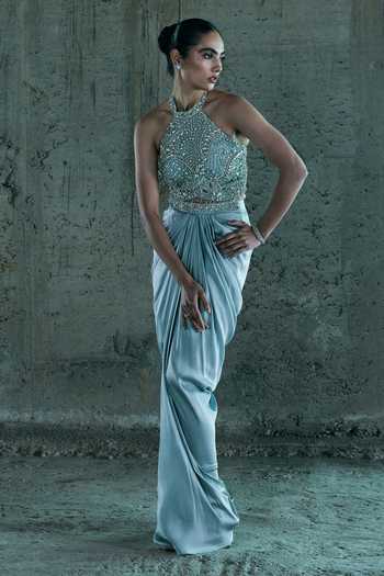 Buy_Istya_Blue Organza, Satin Stones Halter Neck Embroidered Top And Skirt Set _at_Aza_Fashions