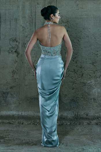 Shop_Istya_Blue Organza, Satin Stones Halter Neck Embroidered Top And Skirt Set _at_Aza_Fashions
