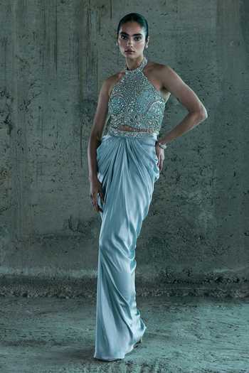 Shop_Istya_Blue Organza, Satin Stones Halter Neck Embroidered Top And Skirt Set _Online_at_Aza_Fashions