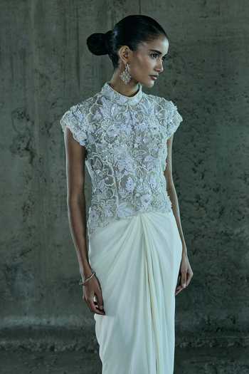 Istya_Ivory Organza, Georgette Embroidery Mandarin Collar 3d Hand Top And Skirt Set _Online_at_Aza_Fashions