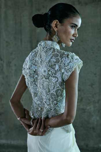 Buy_Istya_Ivory Organza, Georgette Embroidery Mandarin Collar 3d Hand Top And Skirt Set _Online_at_Aza_Fashions