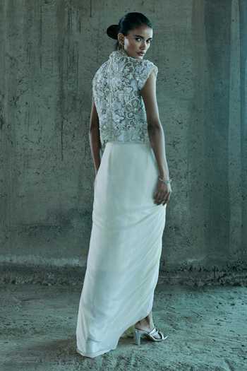 Shop_Istya_Ivory Organza, Georgette Embroidery Mandarin Collar 3d Hand Top And Skirt Set _at_Aza_Fashions