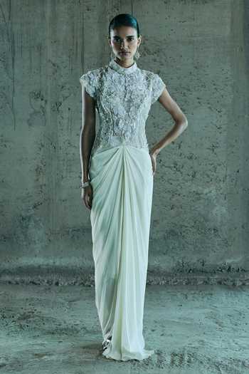 Buy_Istya_Ivory Organza, Georgette Embroidery Mandarin Collar 3d Hand Top And Skirt Set _at_Aza_Fashions
