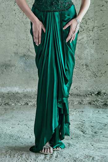 Istya_Emerald Green Organza, Satin Embroidery, Sequins, Beads Cape Skirt Set _Online_at_Aza_Fashions