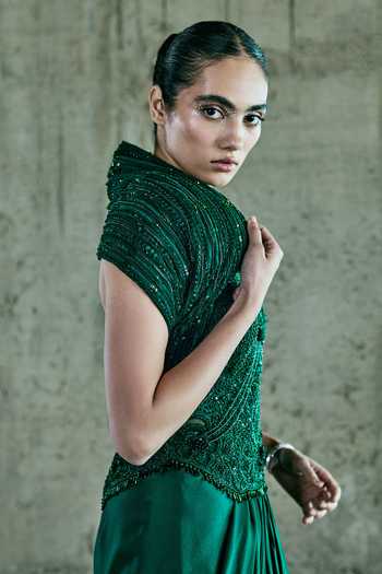 Buy_Istya_Emerald Green Organza, Satin Embroidery, Sequins, Beads Cape Skirt Set _Online_at_Aza_Fashions